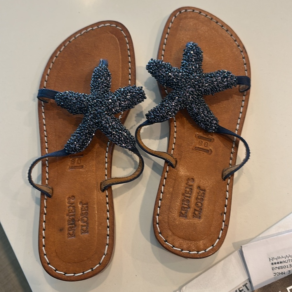 Genuine leather Brown Sandals with Blue Starfish Accent